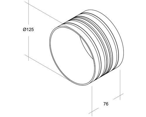 Technische Zeichnung eines Rohres mit den Maßen Durchmesser 125 mm und Länge 76 mm.