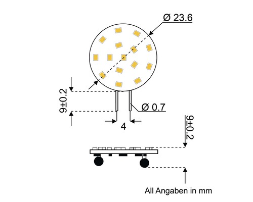 Technische Zeichnung einer LED Lampe mit Maßangaben in Millimeter