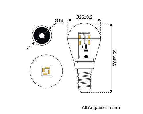Abmessungen einer LED Lampe mit E14 Gewinde