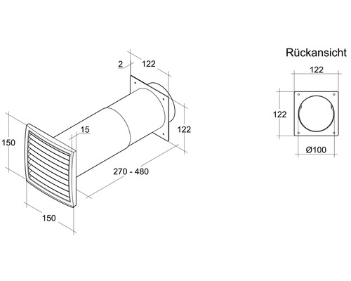 Technische Zeichnung eines Mauerkastens mit Wetterschutzgitter und Maßen