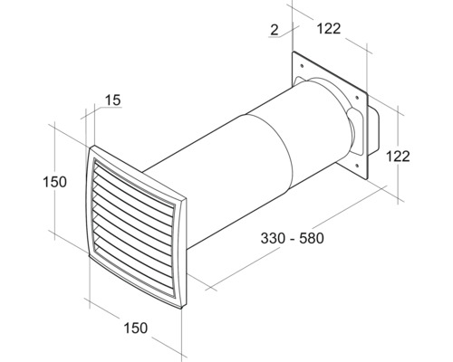 Technische Zeichnung eines Mauerdurchführungsrohrs mit Lüftungsgitter und Maßangaben