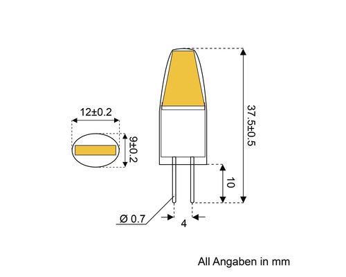 Technische Zeichnung einer G4 LED Lampe mit Maßangaben in Millimetern