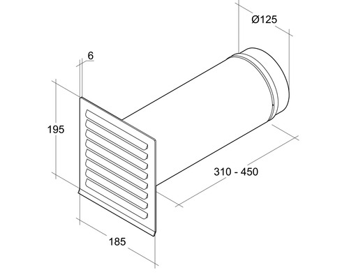 Technische Zeichnung einer Mauerdurchführung mit Lamellen, Durchmesser 125 mm, Länge 310 bis 450 mm