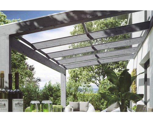 Terrassenüberdachung aus Holz mit transparentem Dach für den Außenbereich
