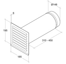 Technische Zeichnung eines Mauerkastens mit Lamellen und Maßen.