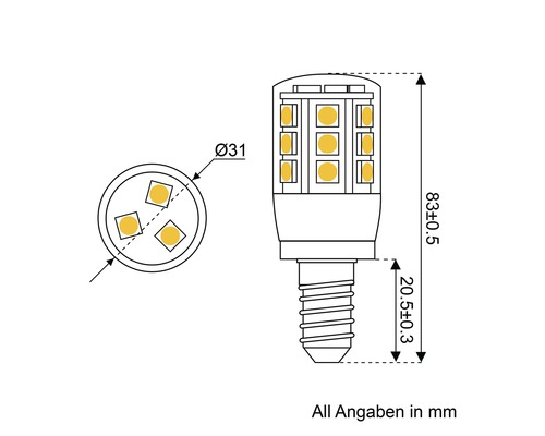 Technische Zeichnung einer LED Lampe mit E14 Sockel und den Maßangaben in Millimeter