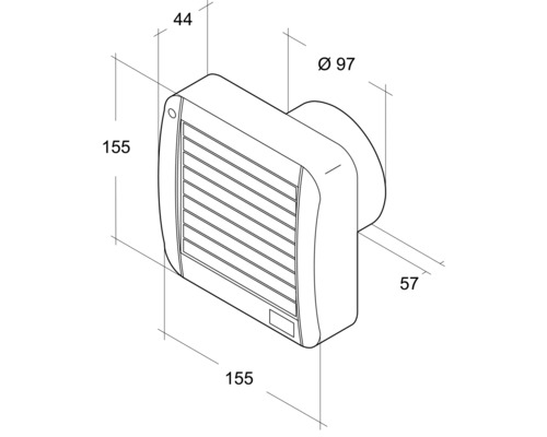Technische Zeichnung eines Wandventilators mit den Maßen 155 x 155 x 44 mm und einem Durchmesser von 97 mm.