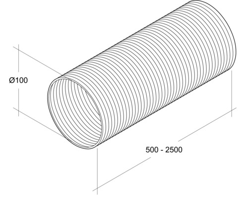 Illustration eines flexiblen Lüftungsschlauchs mit den Maßen 100 mm Durchmesser und 500 bis 2500 mm Länge.