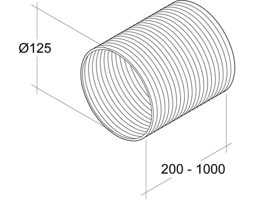 Illustration eines flexiblen Rohrs mit einem Durchmesser von 125 mm und einer Länge von 200 bis 1000 mm.