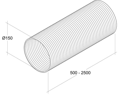 Abbildung eines flexiblen Rohres mit einem Durchmesser von 150 mm und einer Länge von 500 bis 2500 mm.