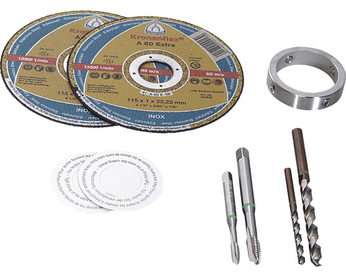 Zwei Trennscheiben, ein Metallring, zwei Gewindebohrer und zwei Spiralbohrer