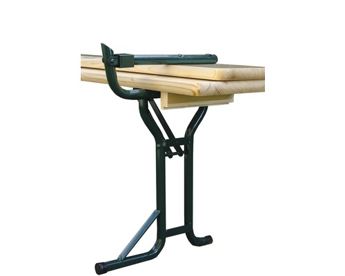 Detailansicht eines Festzeltgarnitur-Tisches mit Holzplatte und Metallgestell