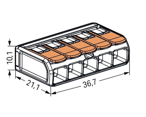 Illustration einer vierpoligen Verbindungsklemme mit Maßangaben