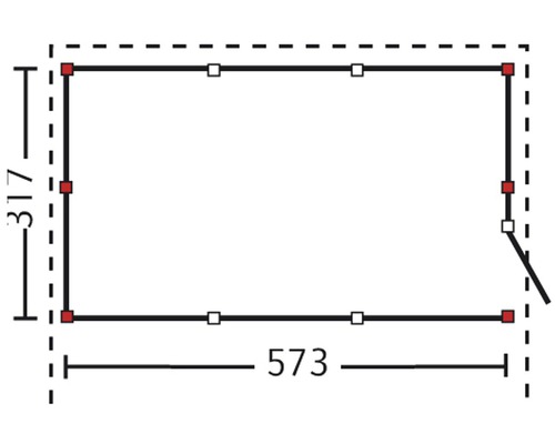 Technische Zeichnung eines rechteckigen Objekts mit den Maßen 573 mal 317.