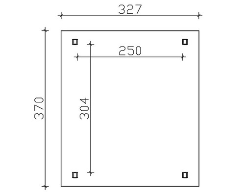 Technische Zeichnung einer quadratischen Platte mit den Maßen 327 x 370 mm und vier Befestigungspunkten