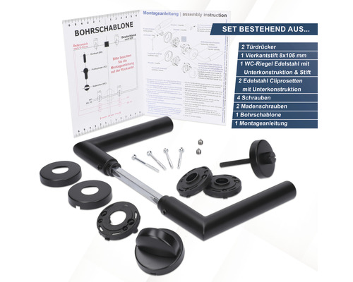 Türdrücker-Set mit Montageanleitung und Bohrschablone