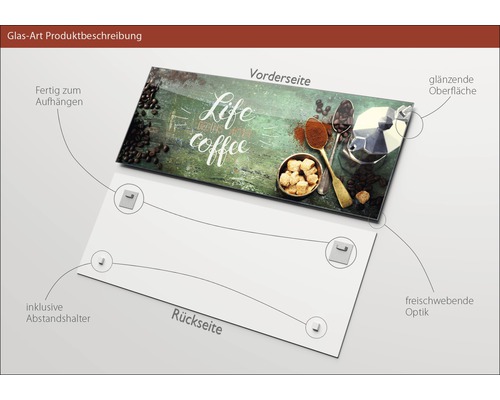 Glasbild mit dem Aufdruck Life begins after coffee, inklusive Abstandshalter und glänzender Oberfläche