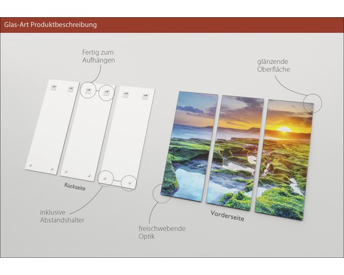 Glasbild mehrteilig mit Küstenmotiv, Rückseite und Aufhängung