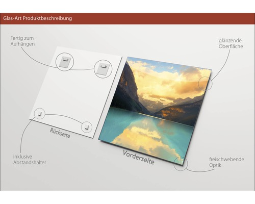 Glasbild mit Bergsee-Motiv, inklusive Abstandshalter und Aufhängung