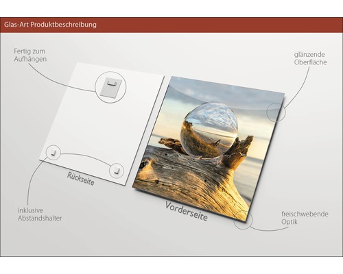 Glasbild Produktbeschreibung mit Aufhängevorrichtung, Abstandshalter und glänzender Oberfläche