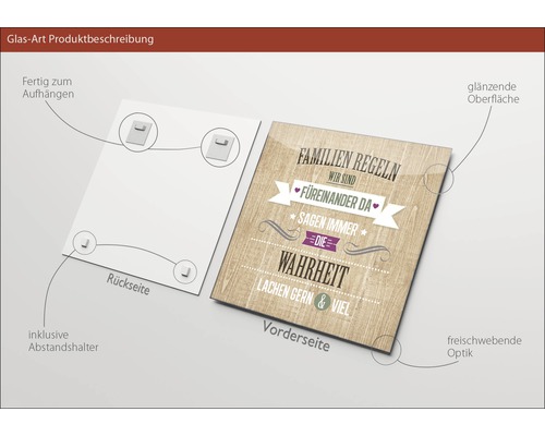 Glasbild mit dem Aufdruck Familienregeln, inklusive Wandhalterung.