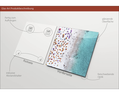 Glasbild mit Strandmotiv, inklusive Aufhängung und Abstandshalter