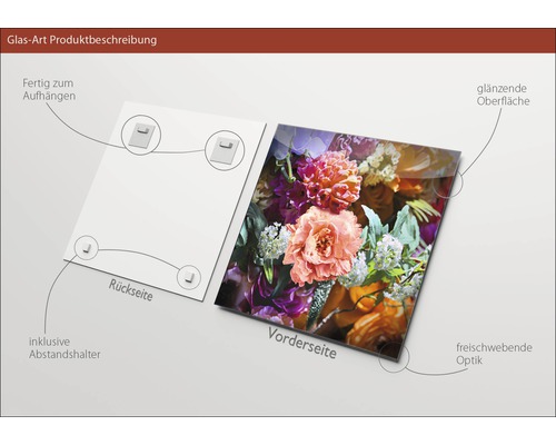 Glasbild mit Blumenmuster, inklusive Wandhalterung und Abstandshalter
