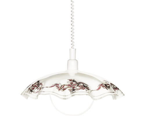 Hängeleuchte 1-flammig höhenverstellbar Ø 42 cm Glas satiniert weiß/lila/schwarz Hängelampe mit floralem Muster und Spiralkabel