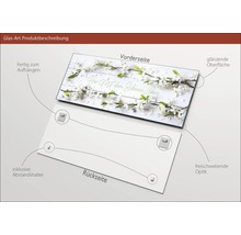 Glasbild mit Blütenzweigen und Schriftzug, inklusive Abstandshalter und Aufhängevorrichtung