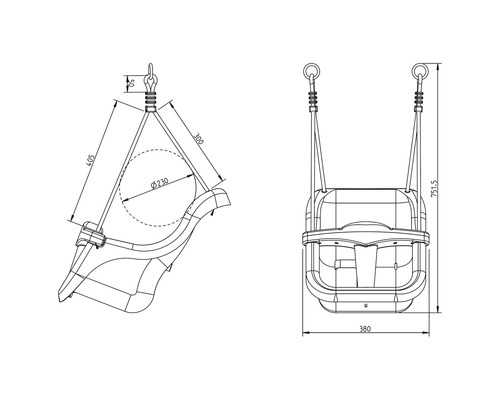 Technische Zeichnung einer Babyschaukel mit Maßangaben