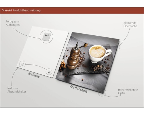 Glasbild mit Kaffee Motiv, inklusive Wandhalterung