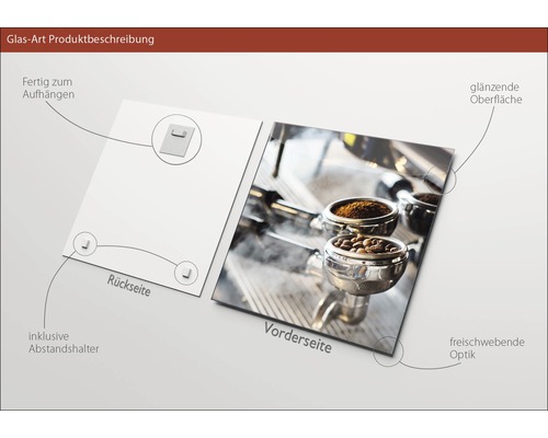 Glasbild Produktbeschreibung mit Aufhängevorrichtung, Abstandshalter, glänzender Oberfläche und freischwebender Optik