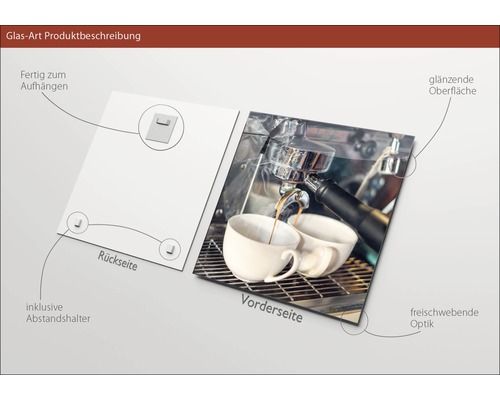Glasbild mit Kaffeemotiv, inklusive Aufhängevorrichtung und Abstandshalter