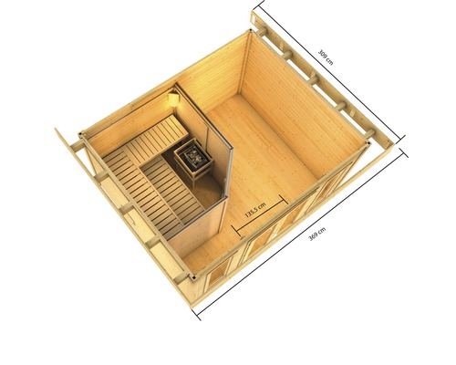 Innenansicht einer Holzsauna mit Bänken und Saunaofen mit den Maßen 309 cm mal 369 cm