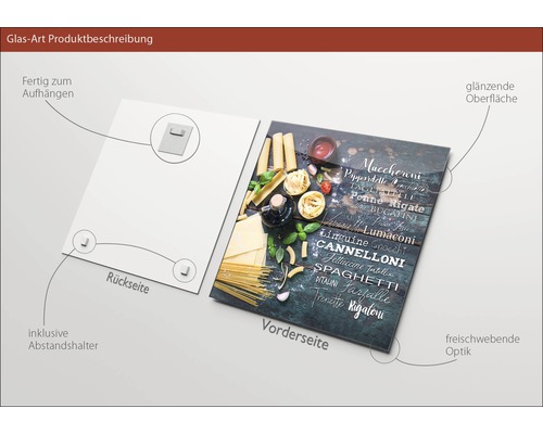 Glasbild mit Pasta-Motiv, inklusive Abstandshalter und Aufhängevorrichtung