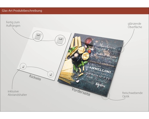Glasbild mit Nudelsorten-Motiv, inklusive Aufhängern und Abstandshaltern.
