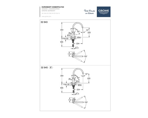 Technische Zeichnung einer Grohe Eurosmart Cosmopolitan Armatur mit Maßangaben
