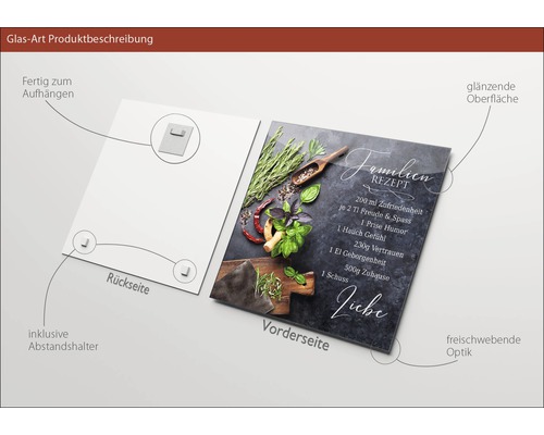 Glasbild mit dem Rezept für Familienglück, inklusive Wandhalterung