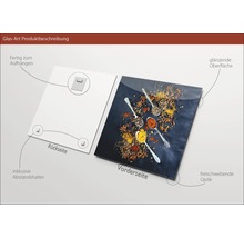 Glasbild Produktbeschreibung: Vorder- und Rückseite, inklusive Abstandshalter und Aufhängung, glänzende Oberfläche, freischwebende Optik