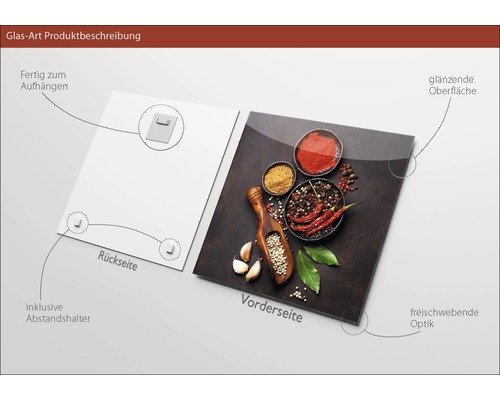 Glasbild mit Gewürzmotiv, inklusive Aufhängevorrichtung und Abstandshalter