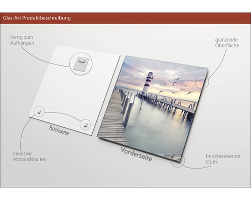 Glasbild mit einem Leuchtturm auf einem Steg, inklusive Aufhängung und Abstandshalter
