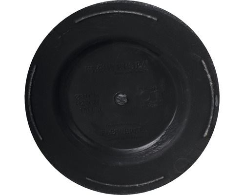 Unterseite eines runden, schwarzen Blumentopfuntersetzers