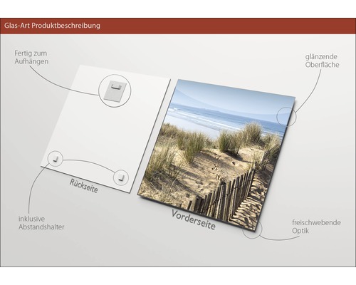 Glasbild mit Strandmotiv, inklusive Wandhalterung für sofortiges Aufhängen