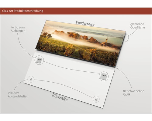 Glasbild mit Landschaftsmotiv und Aufhängungsvorrichtung