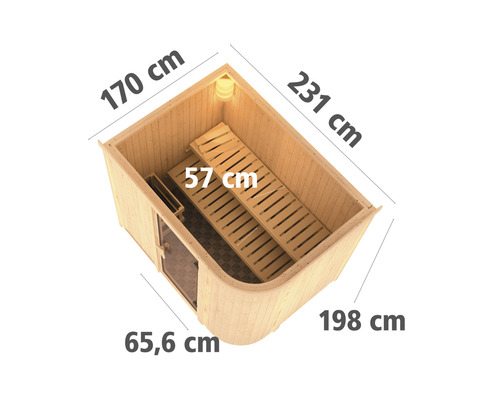 Elementsauna Karibu Korall IV ink. 9 kW Bio Ofen u.ext.Steuerung ohne Dachkranz mit bronzierter Ganzglastüre