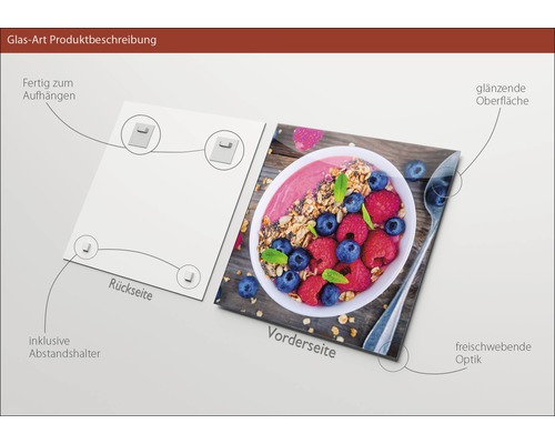 Glasbild mit glänzender Oberfläche und Smoothie-Motiv, inklusive Abstandshalter und Aufhängern.