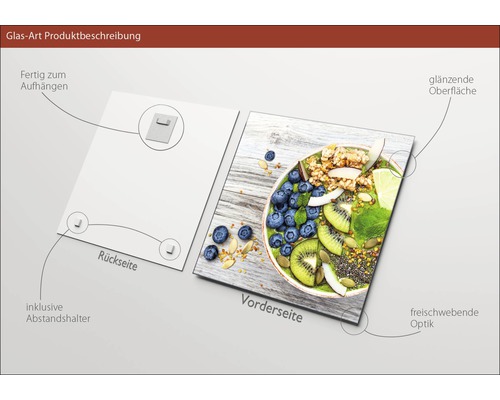 Glasbild mit Smoothie-Motiv, inklusive Aufhängung und Abstandshalter