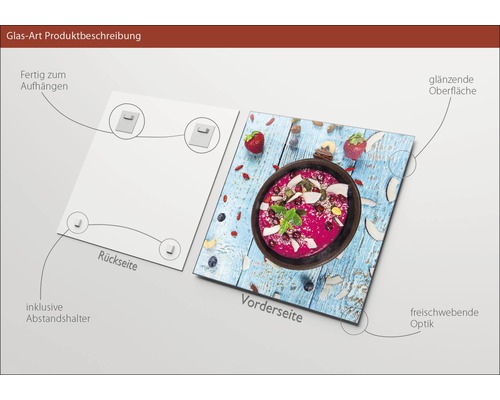 Glasbild mit Smoothie-Motiv, inklusive Abstandshalter und Aufhängung