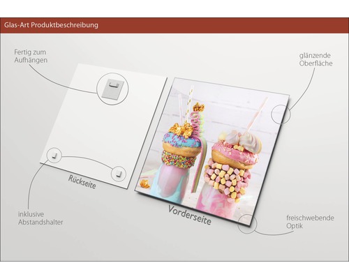 Glasbild mit glänzender Oberfläche, inklusive Abstandshalter und Aufhängung