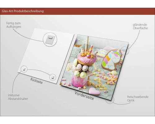 Glasbild Produktbeschreibung: Rückseite mit Aufhängung und Abstandshalter, Vorderseite mit glänzender Oberfläche